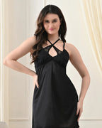 Black Satin Lycra Cross-Back Babydoll Set