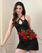 Black Satin Lycra Cross-Back Babydoll Set