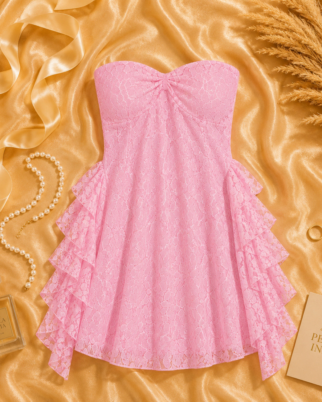 Baby Pink Net Strapless Ruffled Intimate Dress with Brief