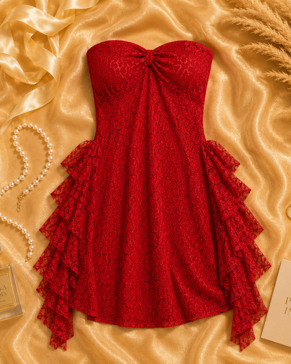 Red Net Strapless Ruffled Intimate Dress with Brief