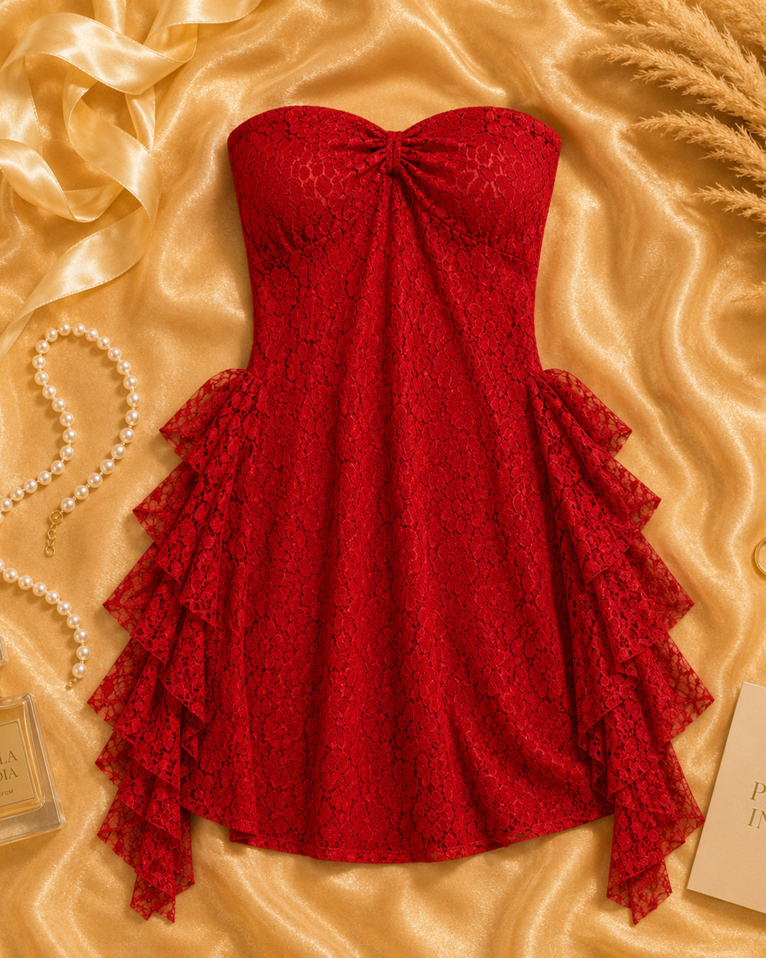 Red Net Strapless Ruffled Intimate Dress with Brief