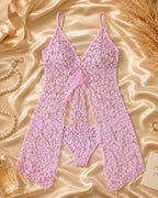 Lavender Lace Open-Front Babydoll Set with Spaghetti Straps & Bow Tie
