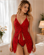 Red Lace Open-Front Babydoll Set with Spaghetti Straps & Bow TieRed Lace Open-Front Babydoll Set with Spaghetti Straps & Bow Tie