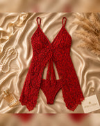 Red Lace Open-Front Babydoll Set with Spaghetti Straps & Bow TieRed Lace Open-Front Babydoll Set with Spaghetti Straps & Bow Tie