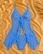 Blue Lace Chemise Set with Adjustable Spaghetti Straps