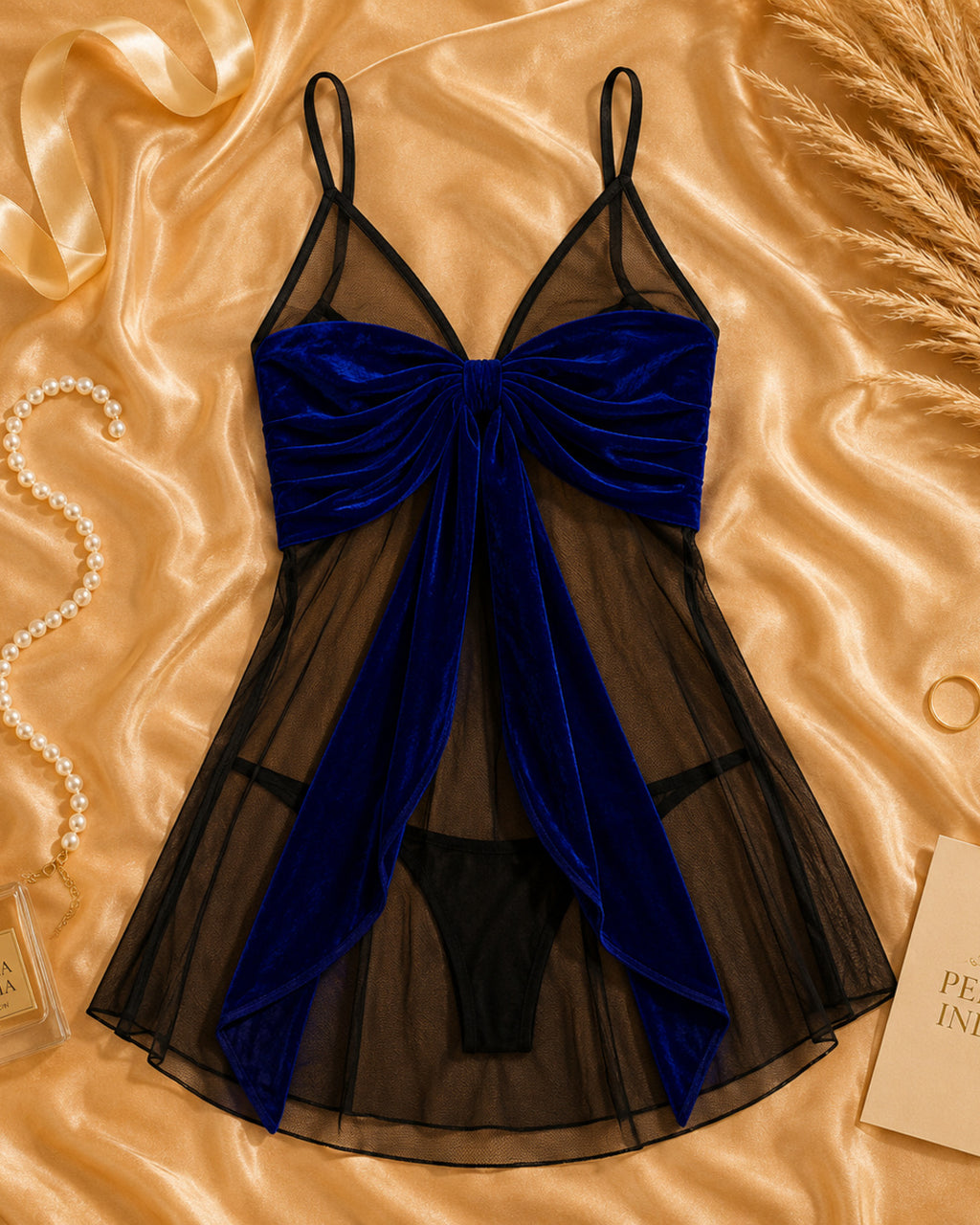 Emerald Green Velvet & Sheer Mesh Babydoll Set with Spaghetti Straps