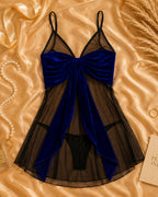 Emerald Green Velvet & Sheer Mesh Babydoll Set with Spaghetti Straps