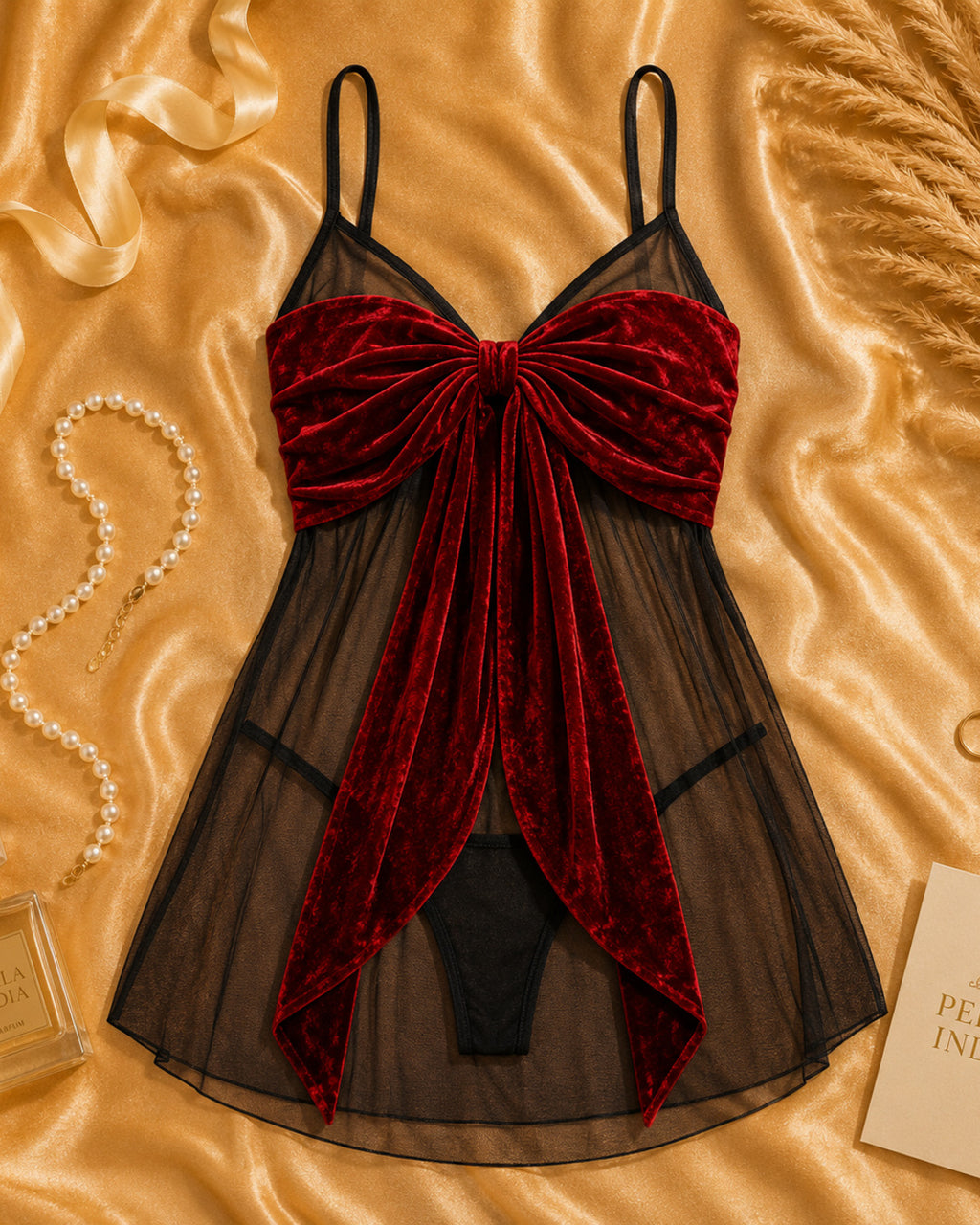 Black Sheer Mesh Babydoll Set with Adjustable Spaghetti Straps