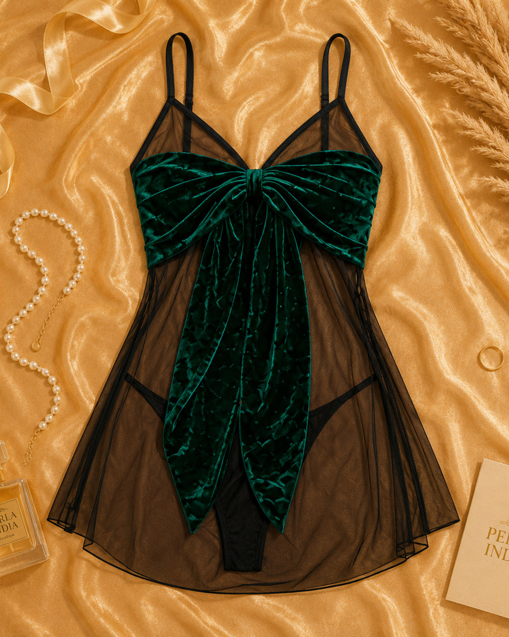 Bottle Green Velvet Twist Babydoll & Sheer Mesh Mini Skirt Set