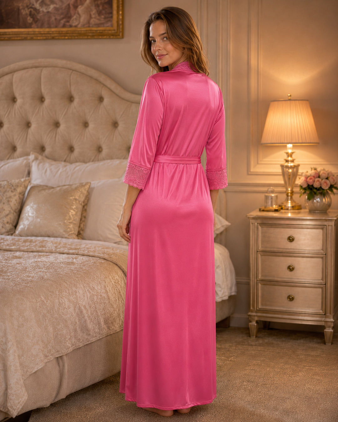 Pink Satin Lycra Wrap Nightgown with Lace Trim