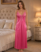 Pink Satin Lycra Wrap Nightgown with Lace Trim