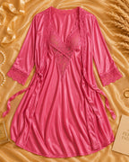 Pink Satin Lycra Wrap Nightgown with Lace Trim