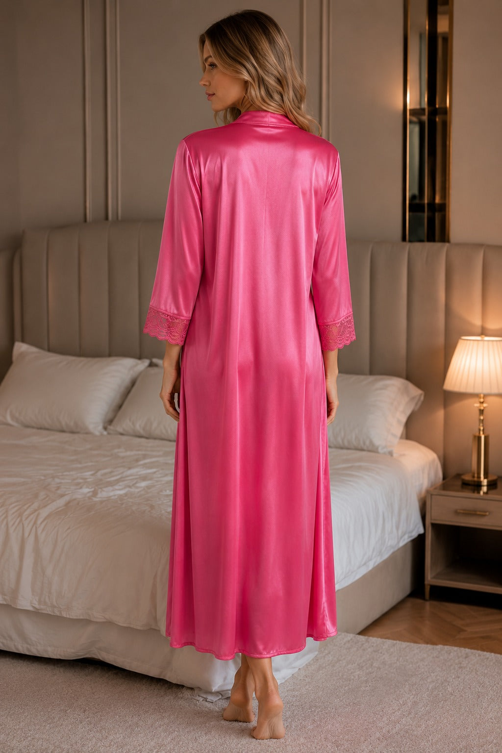 Pink Satin Lycra Wrap Nightgown with Lace Trim