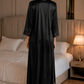 Black Satin Lycra Long Nightdress with Floral Lace Panel