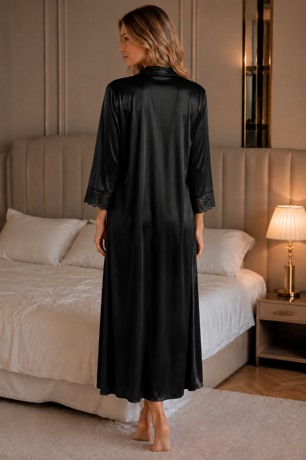 Black Satin Lycra Long Nightdress with Floral Lace Panel