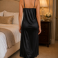 Black Satin Lycra Long Nightdress with Floral Lace Panel