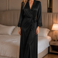 Black Satin Lycra Long Nightdress with Floral Lace Panel