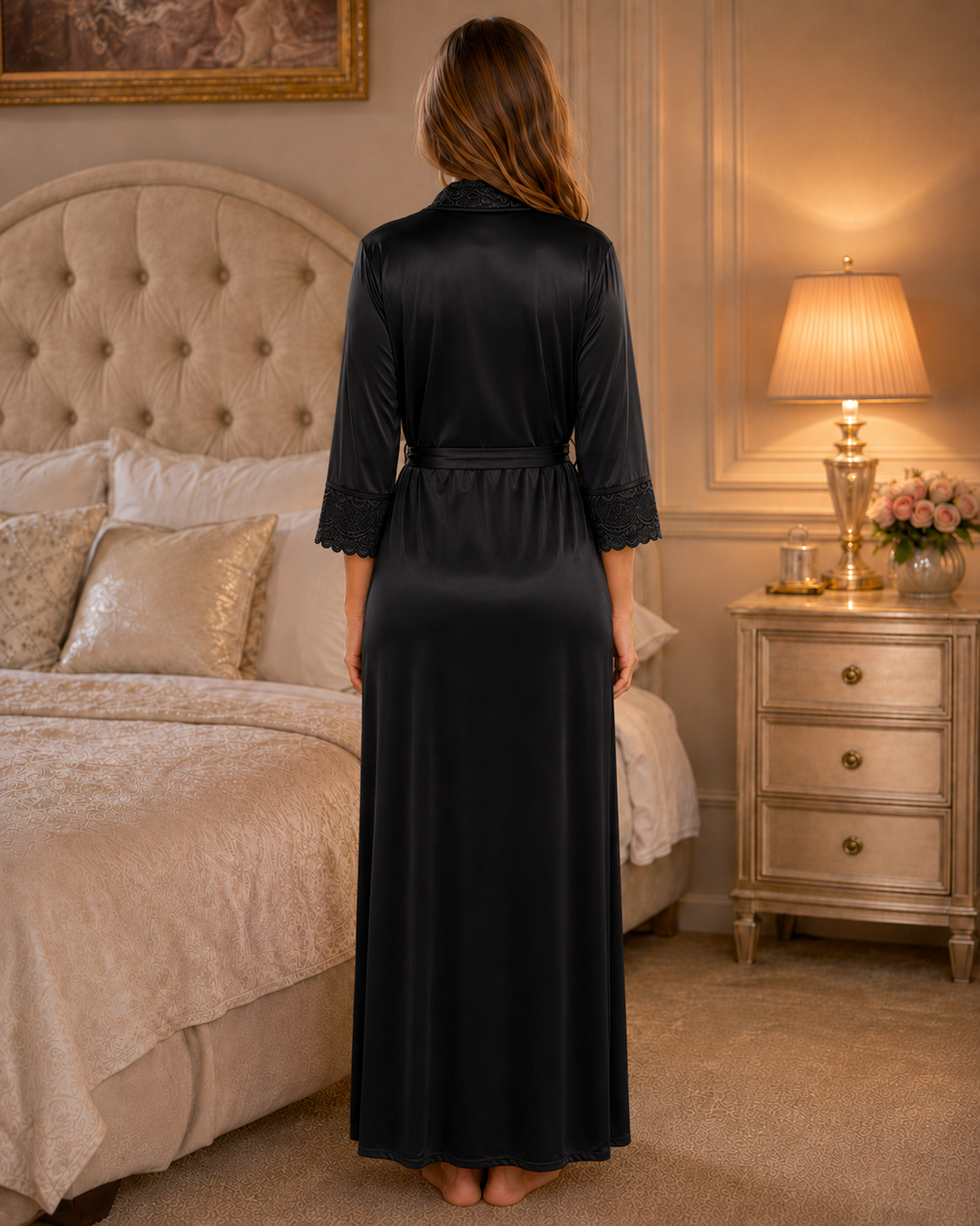Black Satin Lycra Maxi Nightgown with Lace V-Neckline