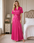 Pink Satin Kimono Wrap Nightgown with Tie Belt