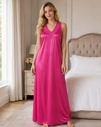 Pink Satin Kimono Wrap Nightgown with Tie Belt