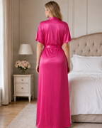 Pink Satin Kimono Wrap Nightgown with Tie Belt