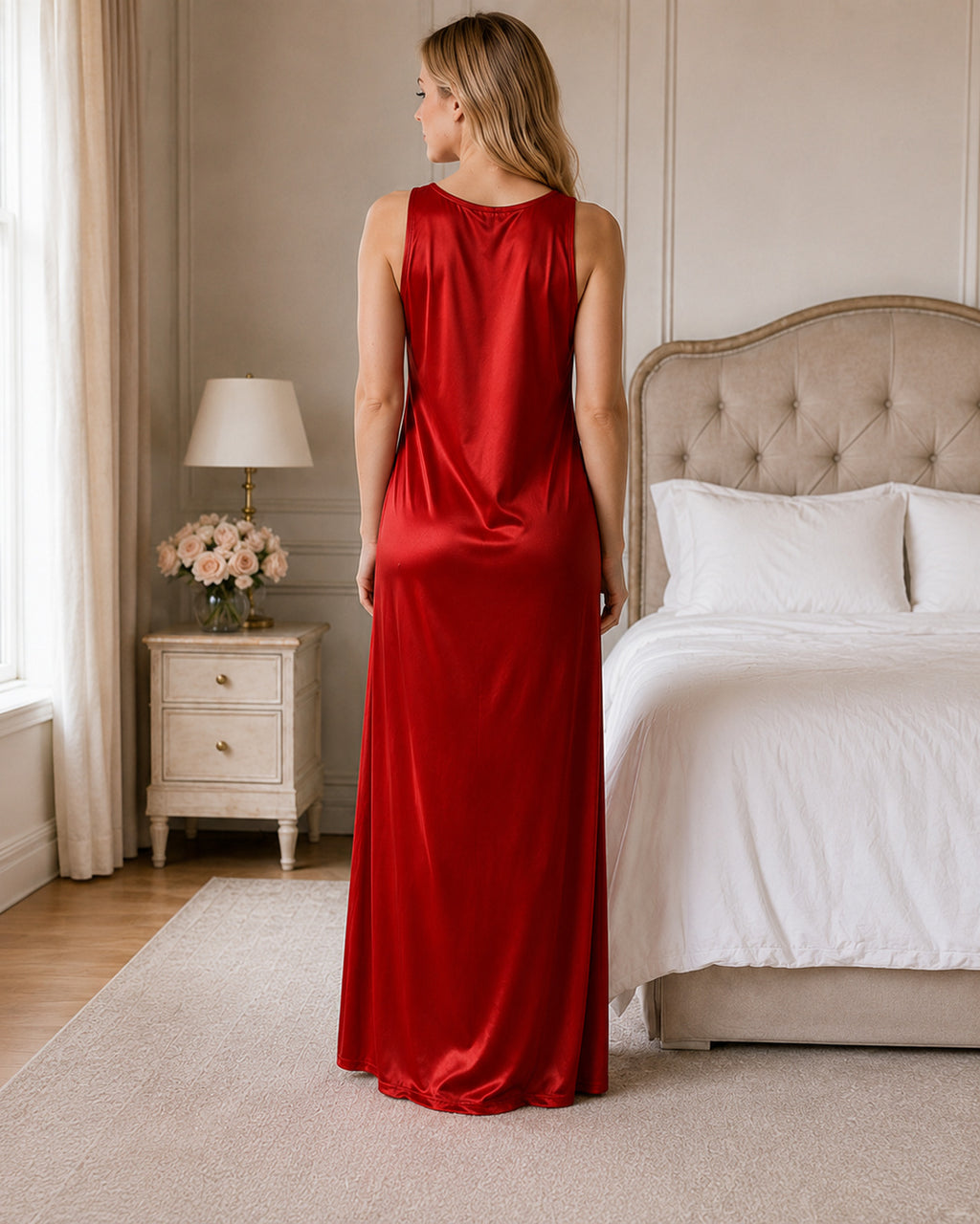 Red Satin Kimono Wrap Nightgown with Tie Belt