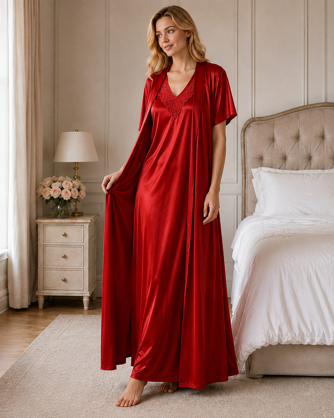 Red Satin Kimono Wrap Nightgown with Tie Belt