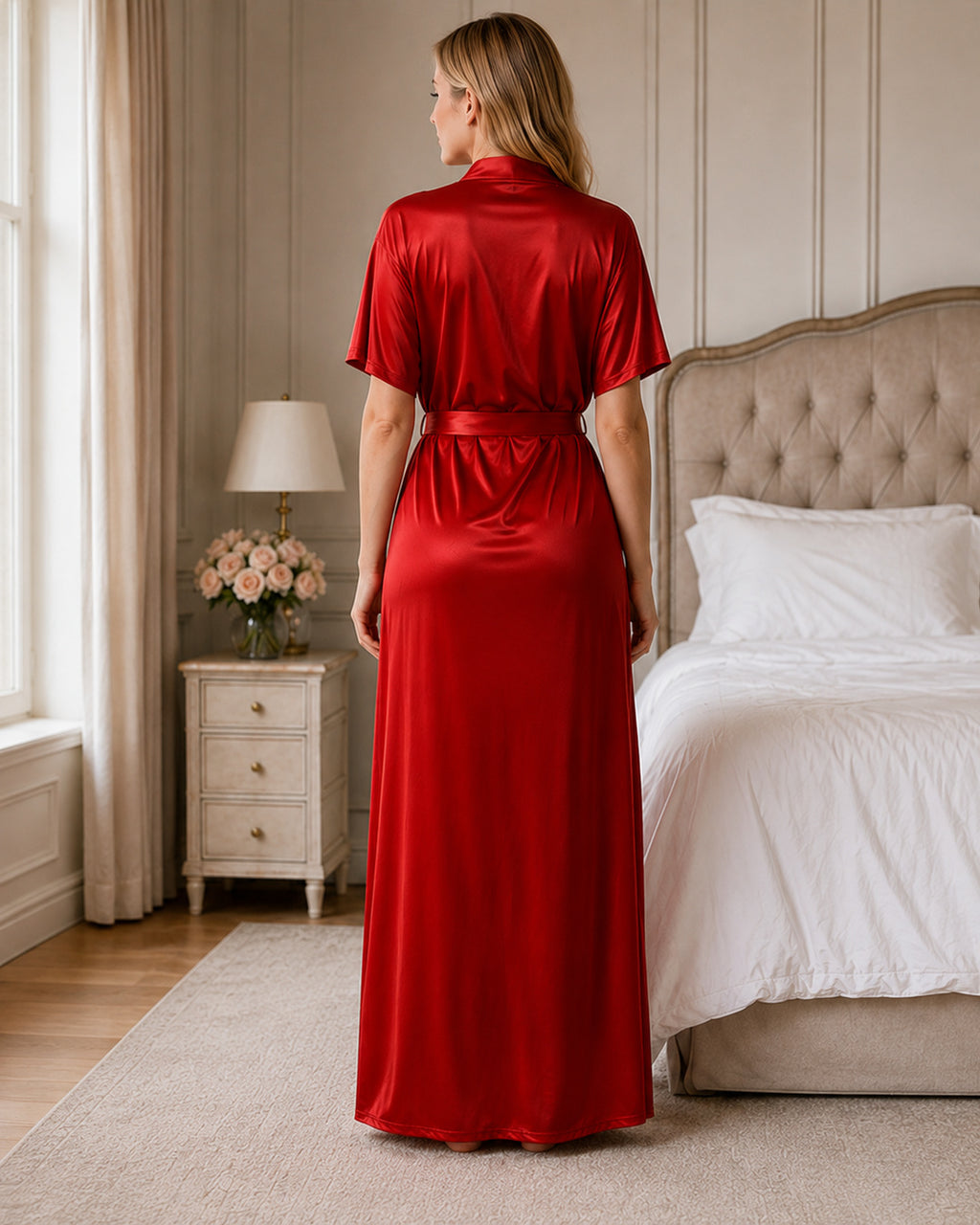 Red Satin Kimono Wrap Nightgown with Tie Belt