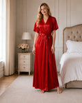 Red Satin Kimono Wrap Nightgown with Tie Belt