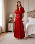 Red Satin Kimono Wrap Nightgown with Tie Belt