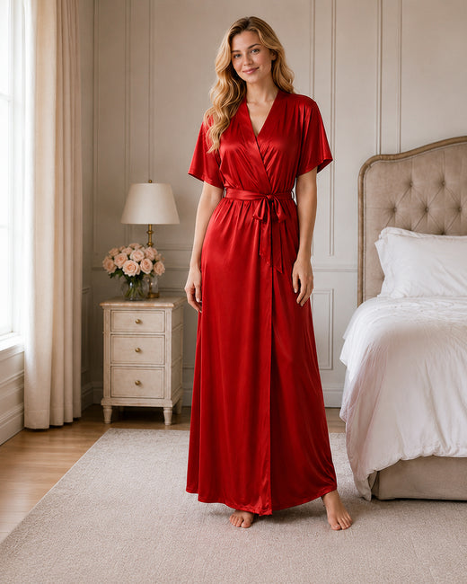 Red Satin Kimono Wrap Nightgown with Tie Belt