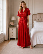 Red Satin Kimono Wrap Nightgown with Tie Belt