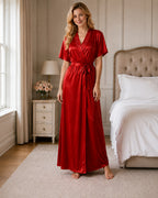 Red Satin Kimono Wrap Nightgown with Tie Belt