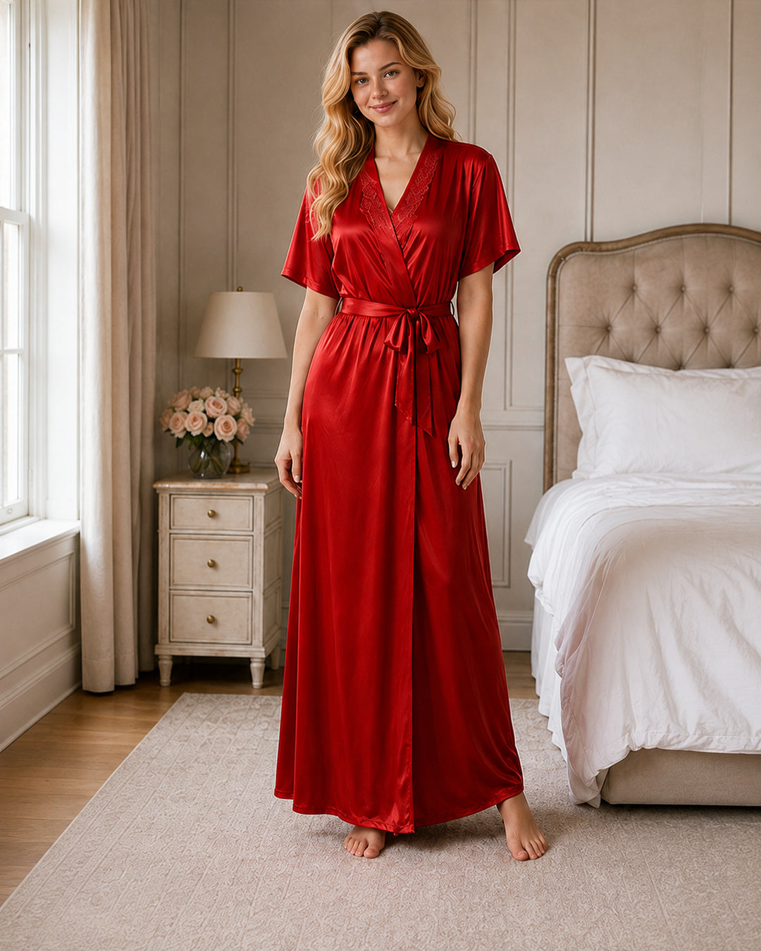 Red Satin Kimono Wrap Nightgown with Tie Belt