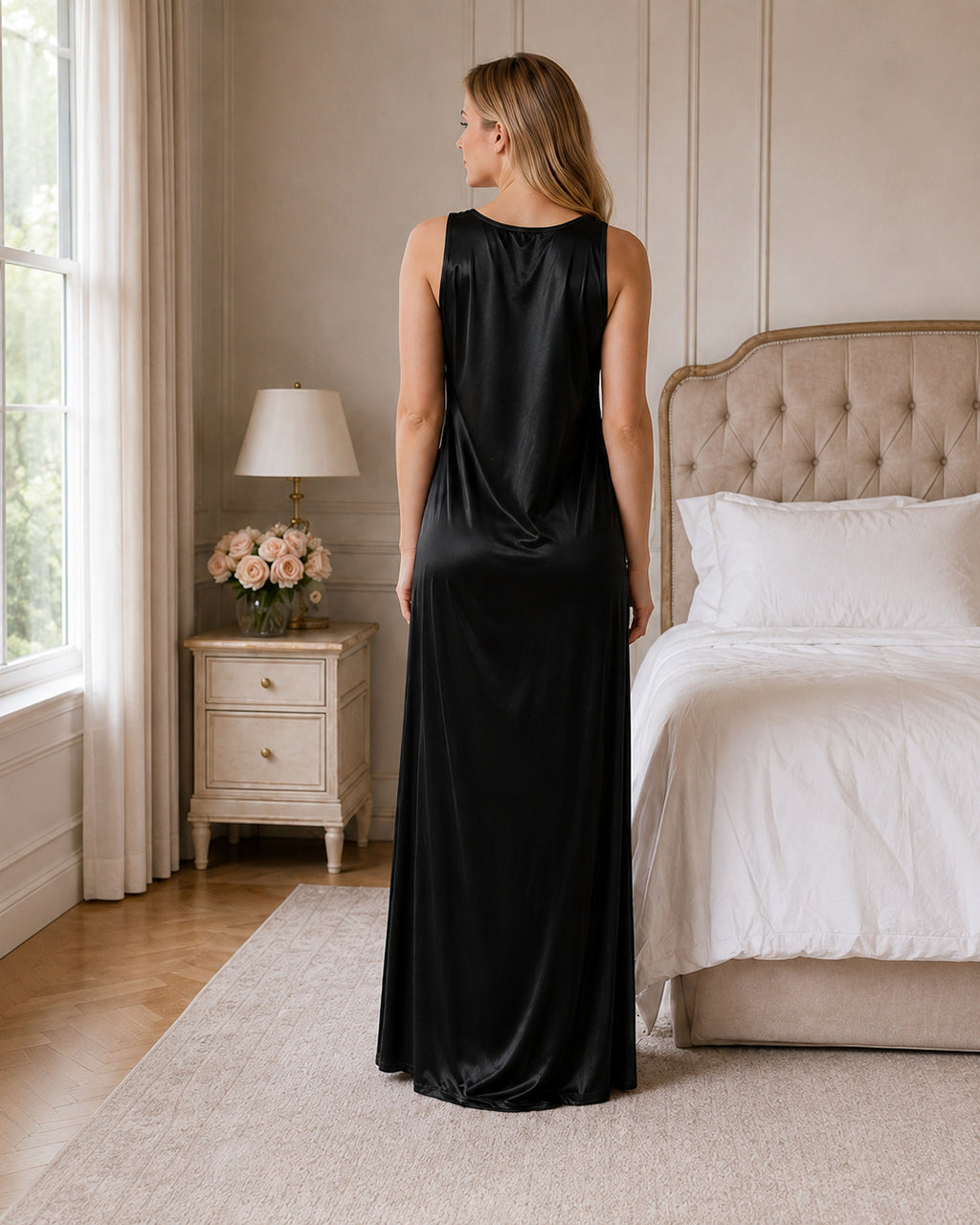Black Satin Kimono Wrap Nightgown with Tie Belt