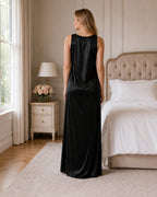 Black Satin Kimono Wrap Nightgown with Tie Belt