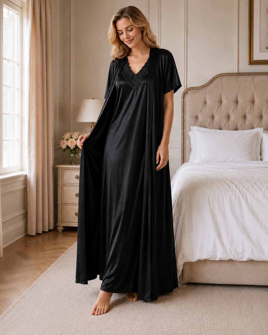 Black Satin Kimono Wrap Nightgown with Tie Belt