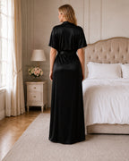 Black Satin Kimono Wrap Nightgown with Tie Belt