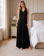 Black Satin Kimono Wrap Nightgown with Tie Belt