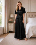 Black Satin Kimono Wrap Nightgown with Tie Belt