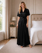 Black Satin Kimono Wrap Nightgown with Tie Belt