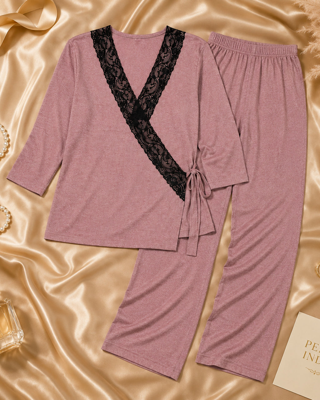 Dusky Pink Knit Wrap-Style Pyjama Set with Lace Panel