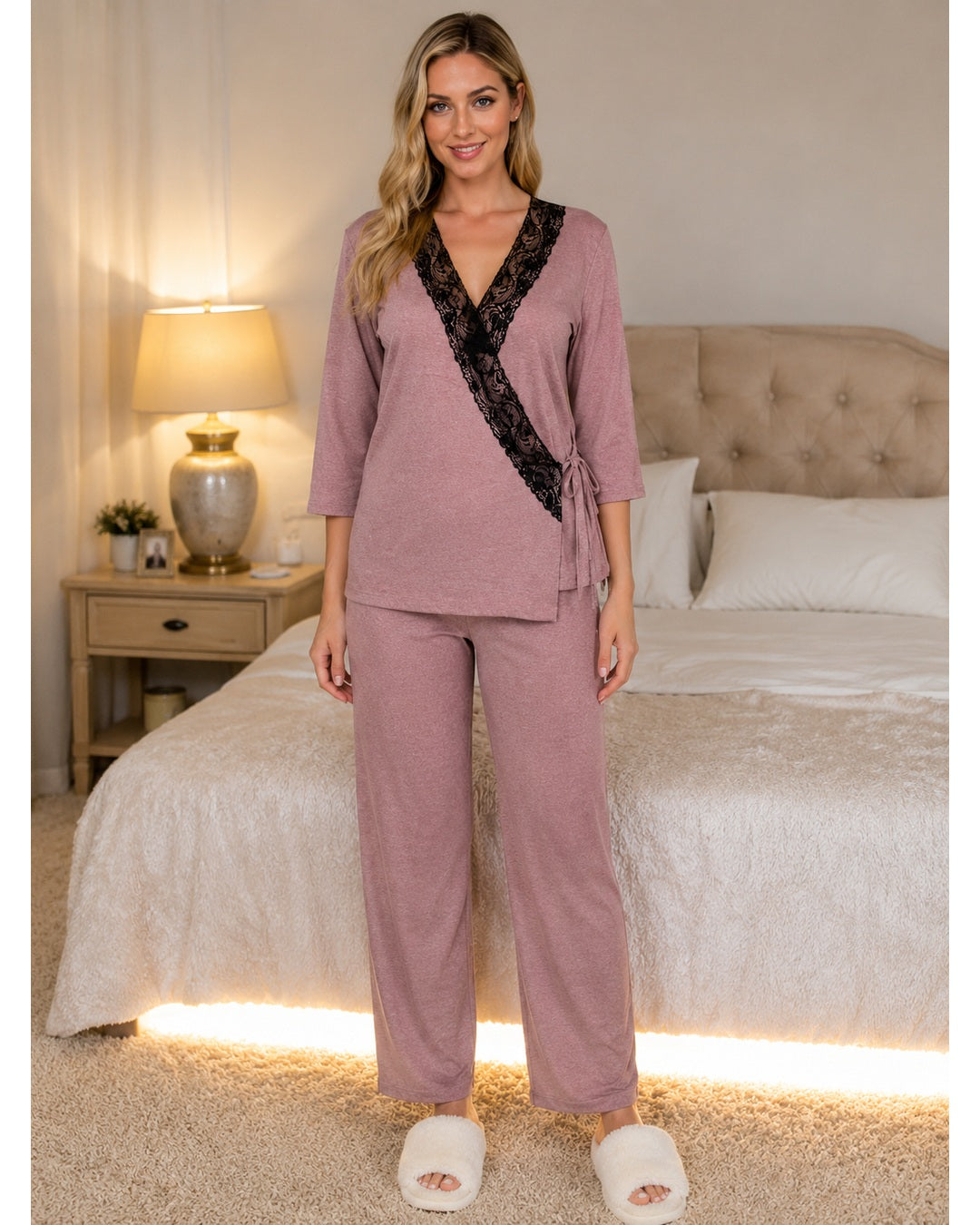 Dusky Pink Knit Wrap-Style Pyjama Set with Lace Panel