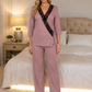 Dusky Pink Knit Wrap-Style Pyjama Set with Lace Panel