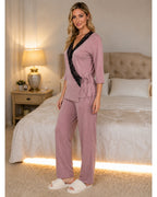 Dusky Pink Knit Wrap-Style Pyjama Set with Lace Panel