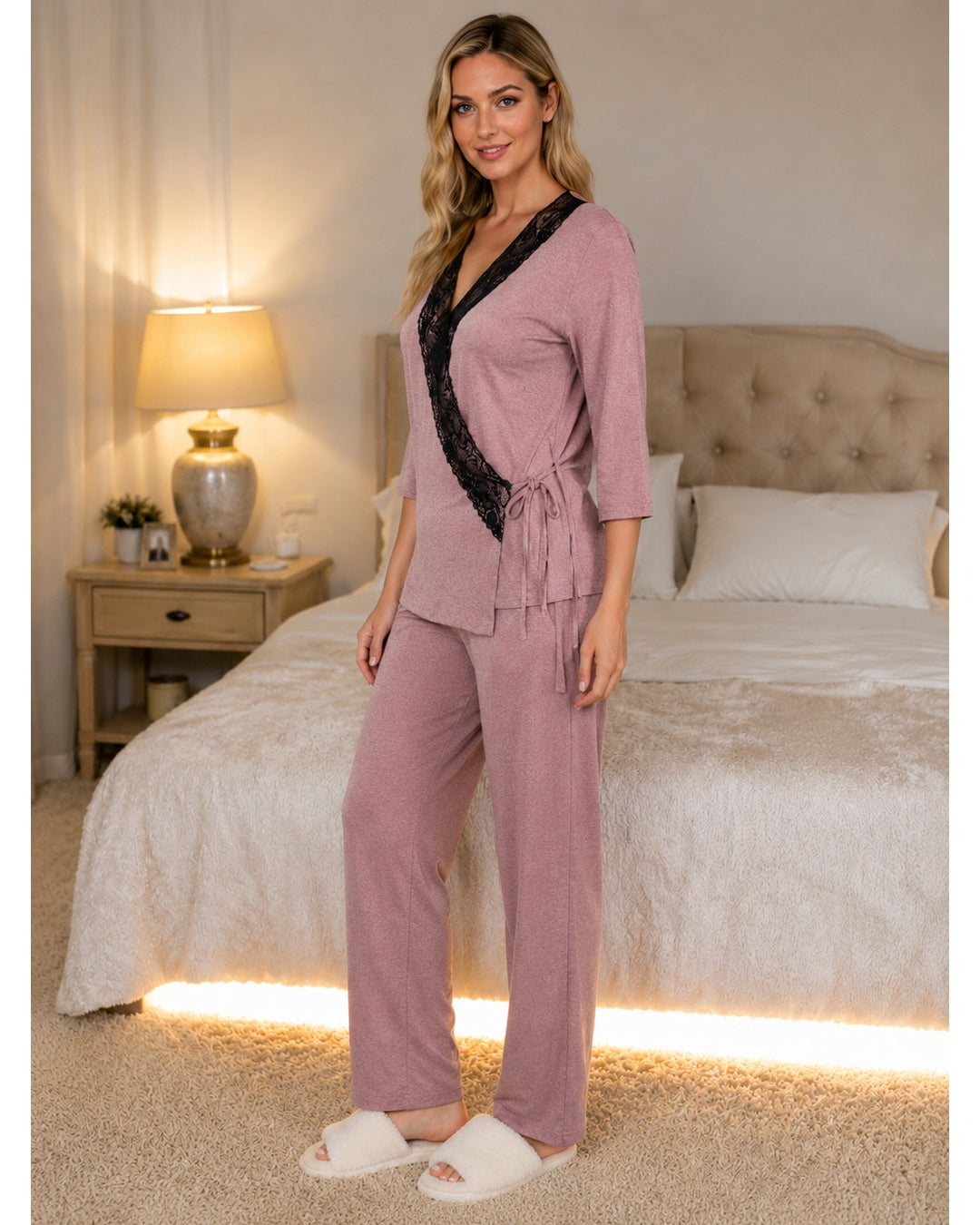 Dusky Pink Knit Wrap-Style Pyjama Set with Lace Panel