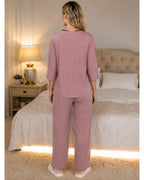 Dusky Pink Knit Wrap-Style Pyjama Set with Lace Panel