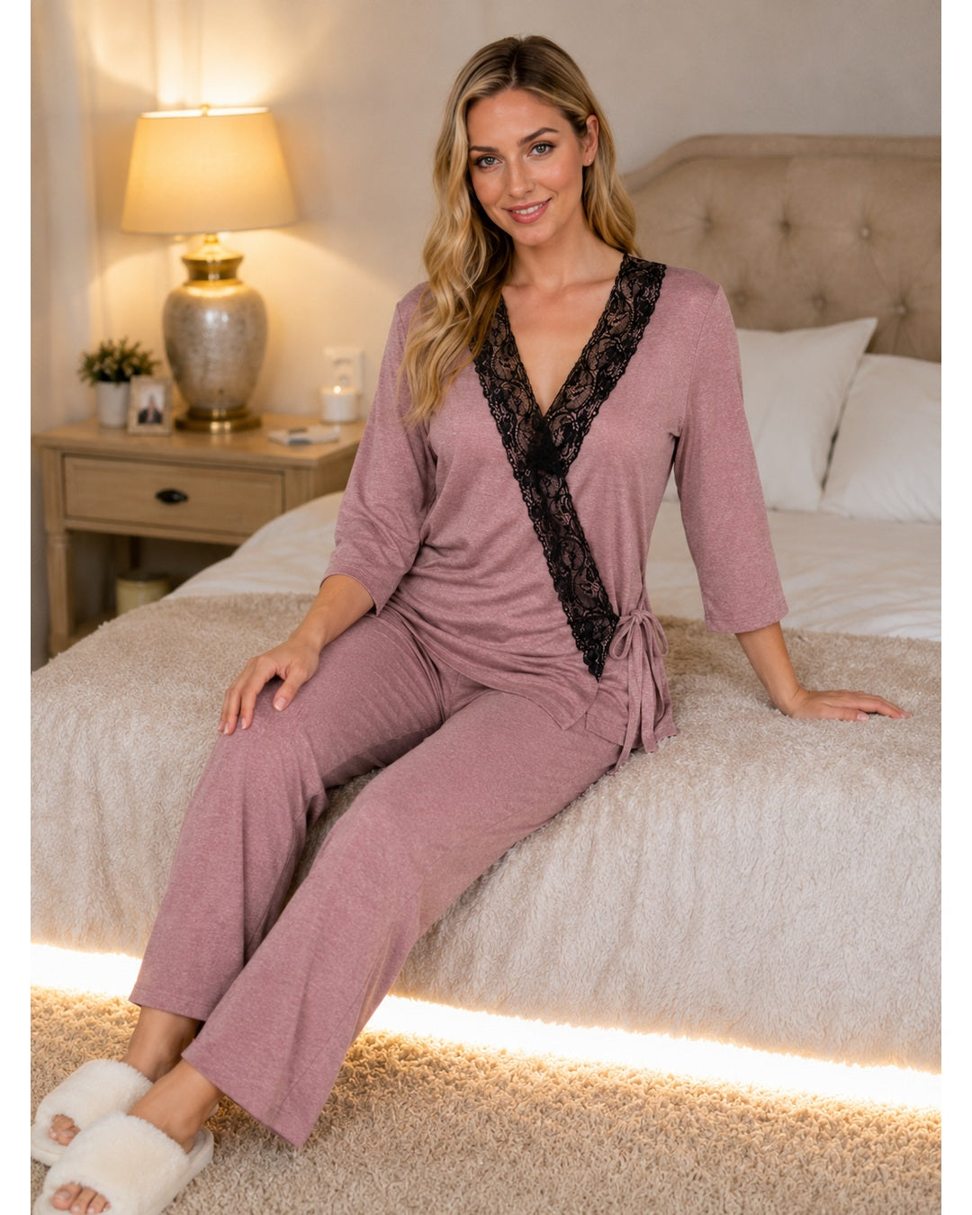 Dusky Pink Knit Wrap-Style Pyjama Set with Lace Panel