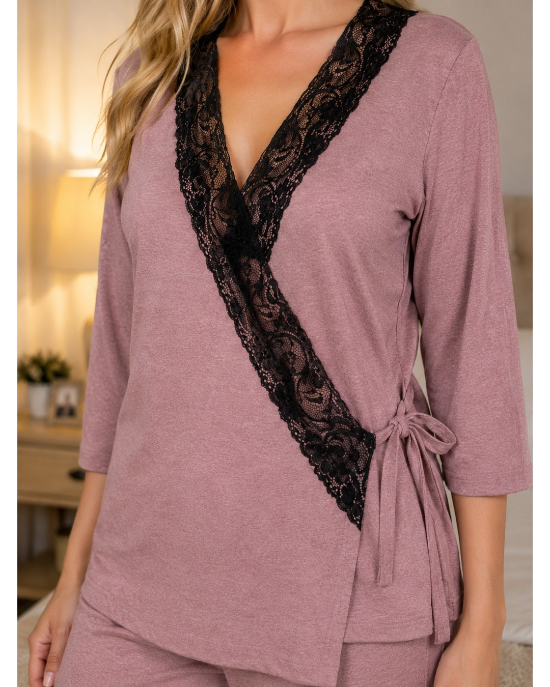 Dusky Pink Knit Wrap-Style Pyjama Set with Lace Panel