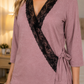 Dusky Pink Knit Wrap-Style Pyjama Set with Lace Panel